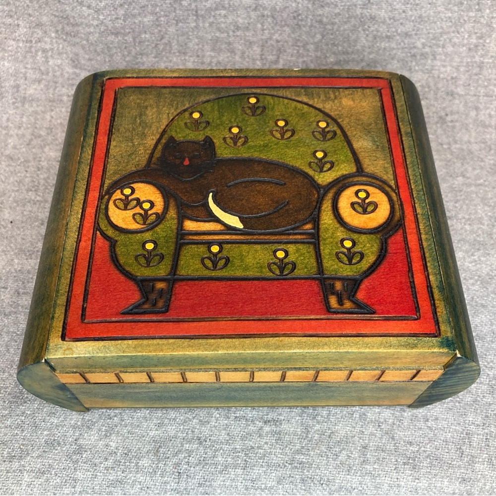 Secret Opening Box Cat on Chair Handmade Wood Trick Puzzle Keepsake from Poland